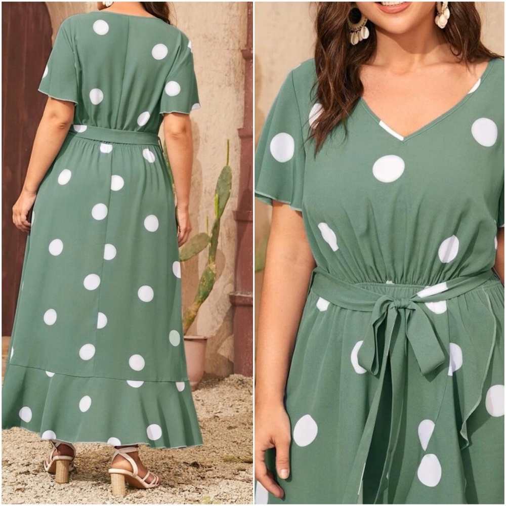 Plus Boho Sage Green Polka Dot Ruffle Maxi Dress - Picture 6 of 8